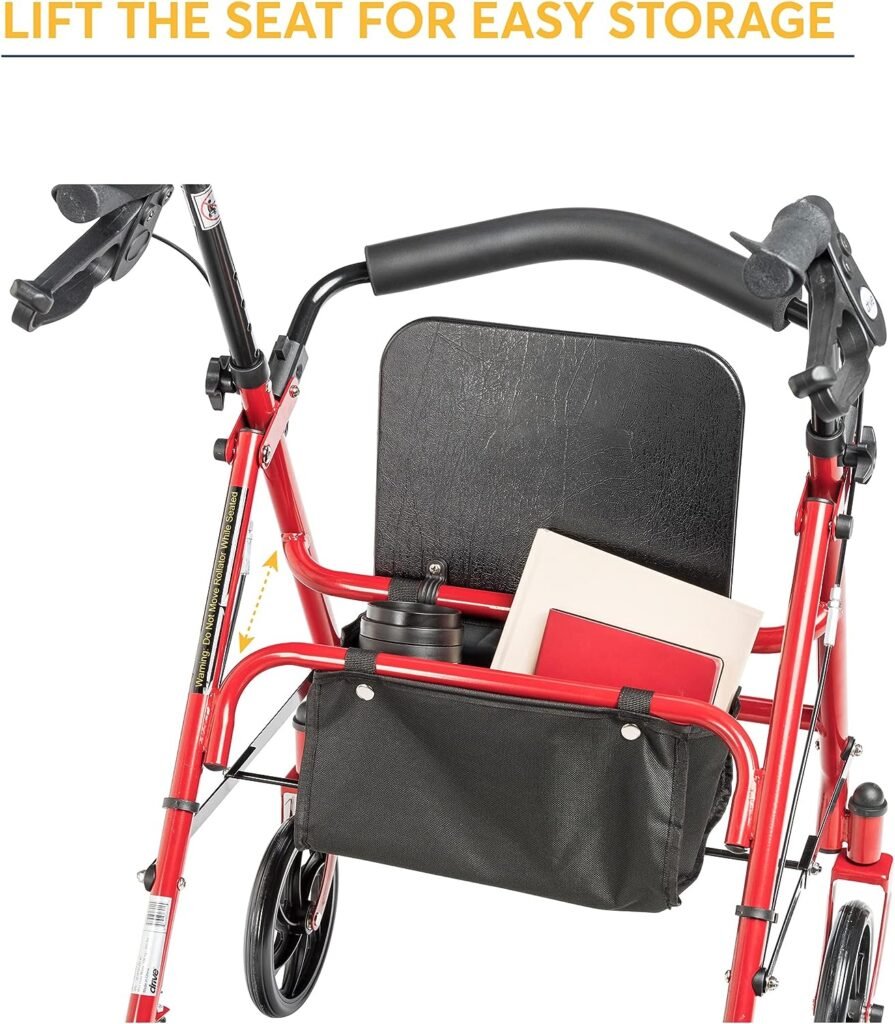 Drive Medical 10257RD-1 4 Wheel Rollator Walker With Seat, Steel Rolling Walker, Height Adjustable, 7.5 Wheels, Removable Back Support, 300 Pound Weight Capacity, Red