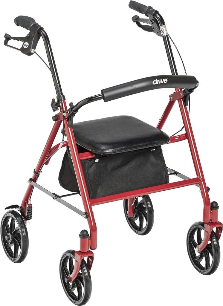 Drive Medical 10257RD-1 4 Wheel Rollator Walker With Seat, Steel Rolling Walker, Height Adjustable, 7.5 Wheels, Removable Back Support, 300 Pound Weight Capacity, Red