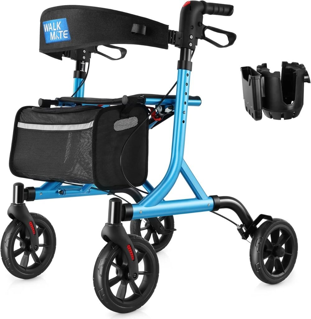 WALK MATE Rollator Walker for Seniors with Cup Holder, Upgraded Thumb Press Button for Height Adjustment, 4 x 8 Wheels Walker with Seat Padded Backrest Folding Lightweight Walking Aid, Blue